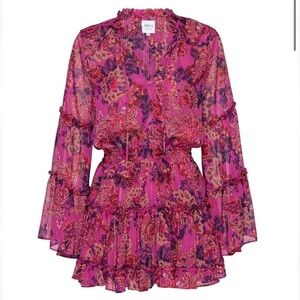 Misa Los Angeles Leeva Bell Sleeve Minidress in Fuschia Batik